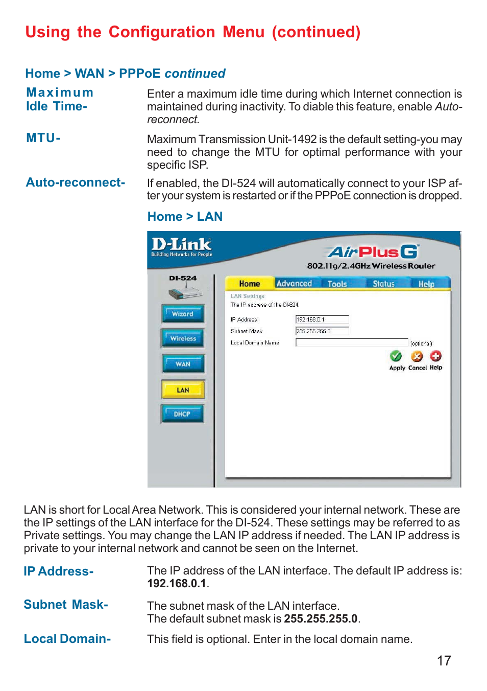 Using the configuration menu (continued) | D-Link DI-524 User Manual | Page 17 / 95