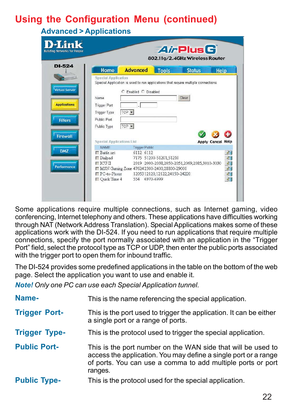 Using the configuration menu (continued) | D-Link DI-524 User Manual | Page 22 / 95