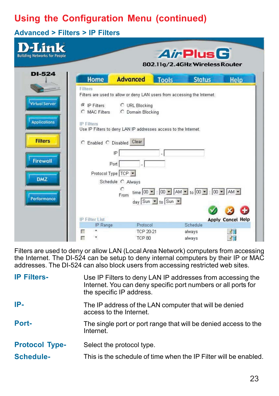 Using the configuration menu (continued) | D-Link DI-524 User Manual | Page 23 / 95