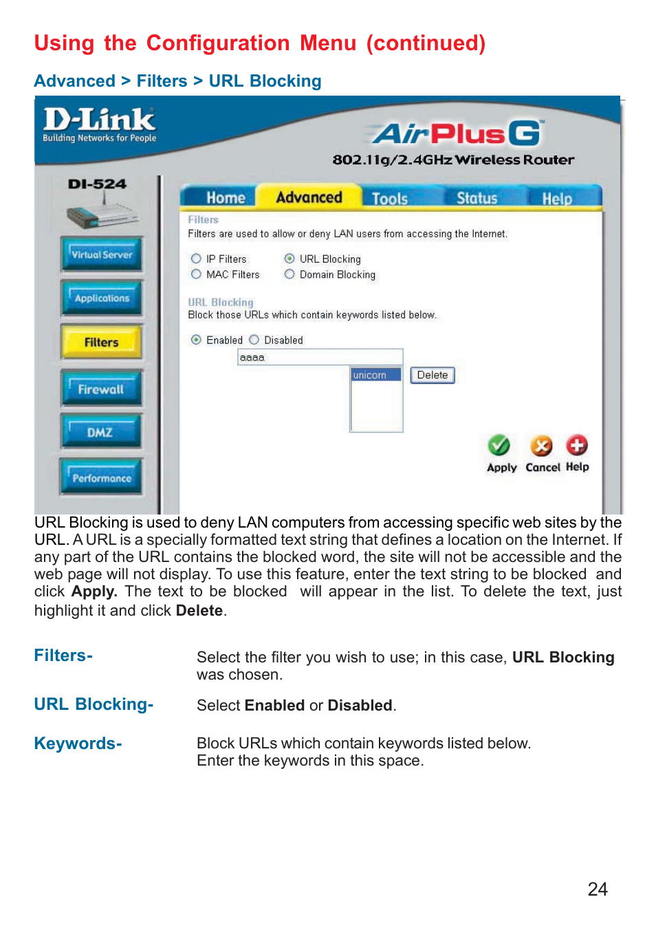 Using the configuration menu (continued) | D-Link DI-524 User Manual | Page 24 / 95