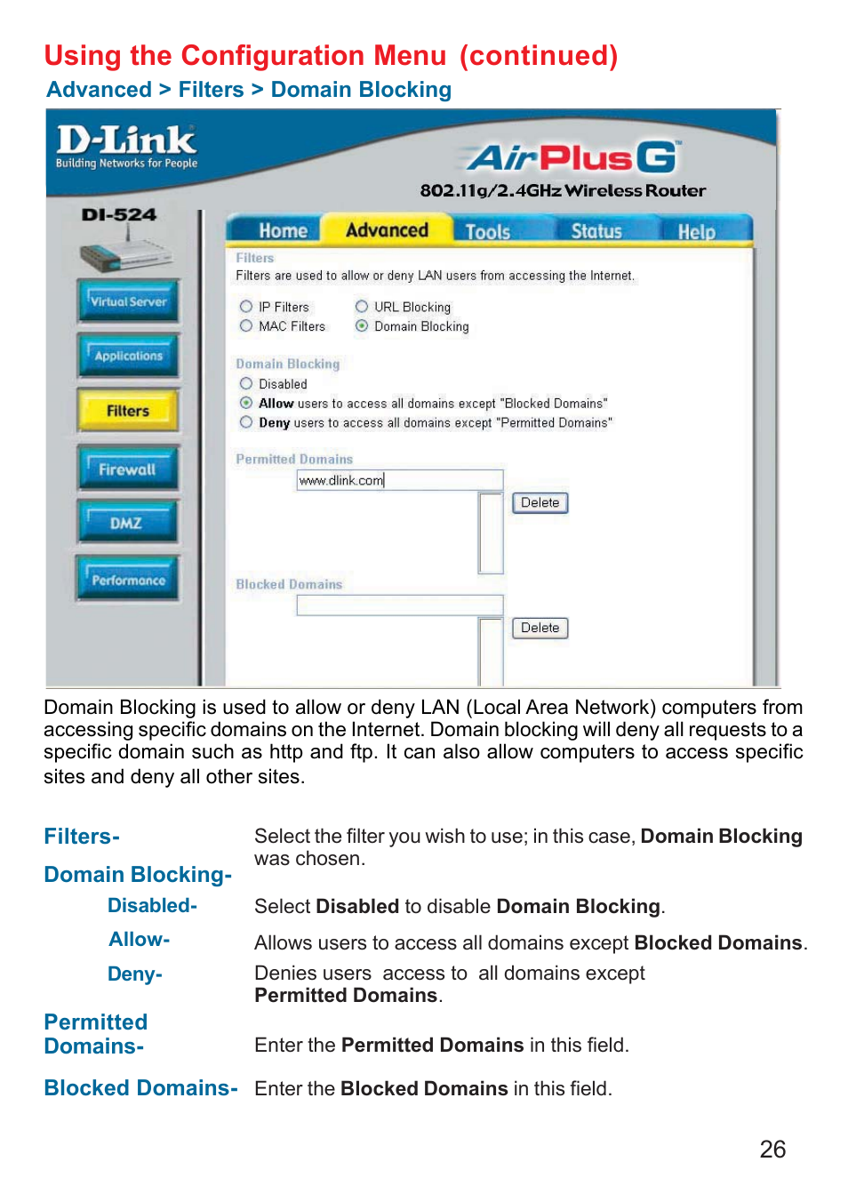 Using the configuration menu, Continued) | D-Link DI-524 User Manual | Page 26 / 95