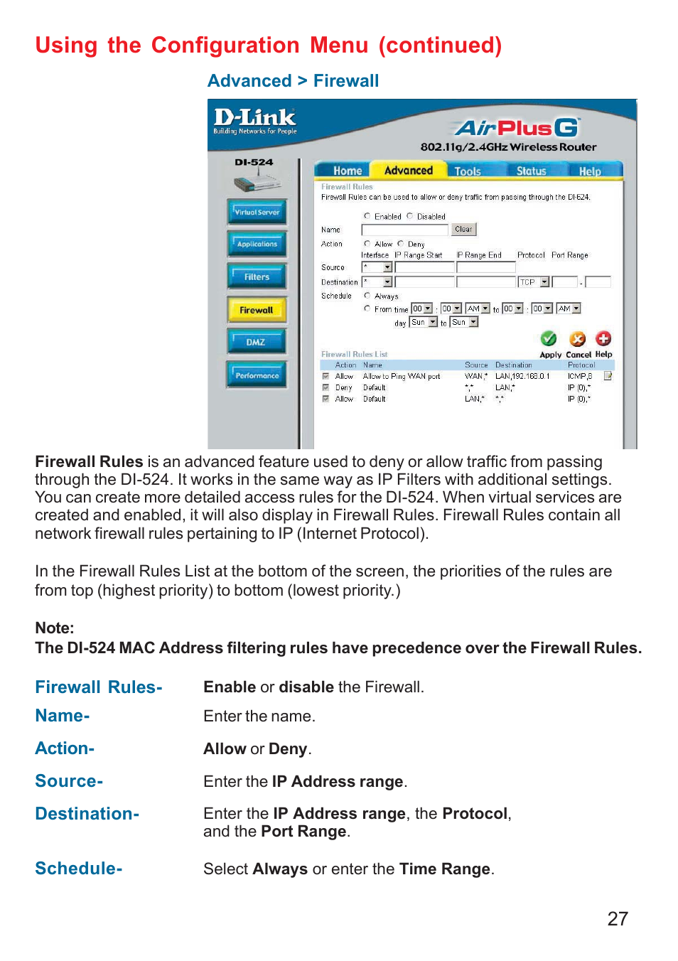 Using the configuration menu (continued) | D-Link DI-524 User Manual | Page 27 / 95