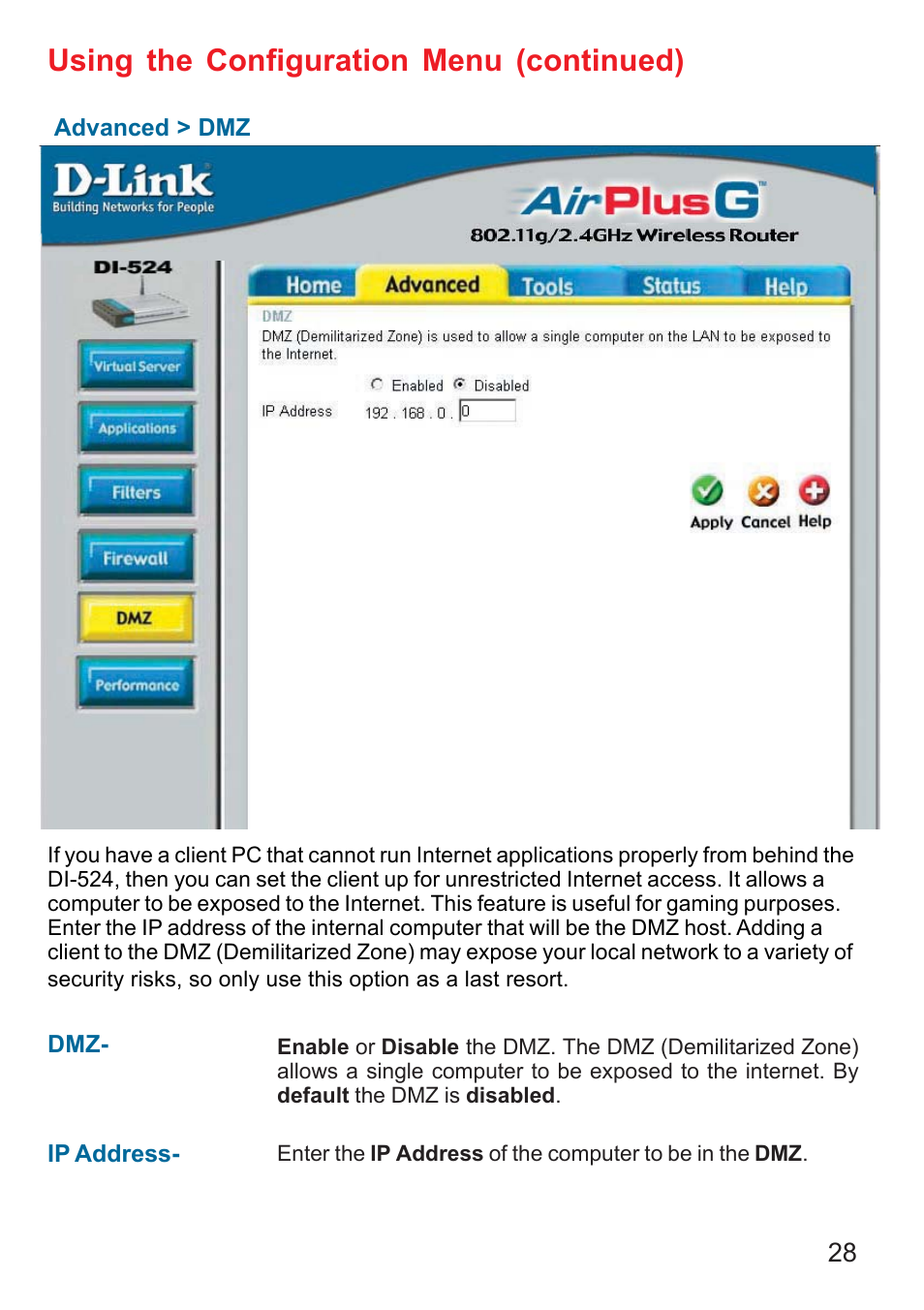 Using the configuration menu (continued) | D-Link DI-524 User Manual | Page 28 / 95