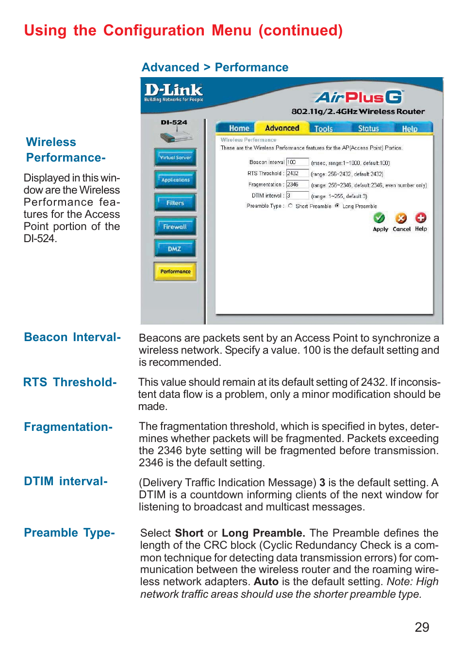 Using the configuration menu (continued) | D-Link DI-524 User Manual | Page 29 / 95