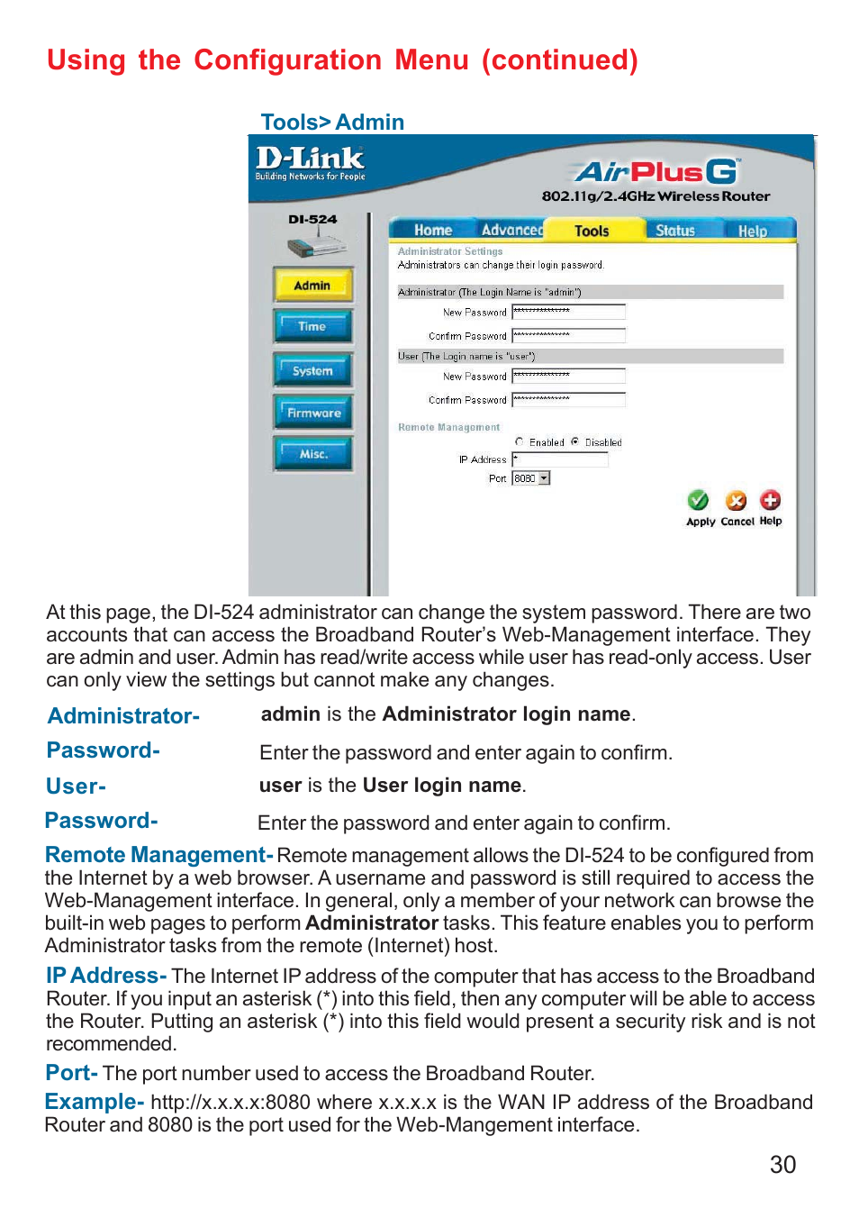 Using the configuration menu (continued) | D-Link DI-524 User Manual | Page 30 / 95