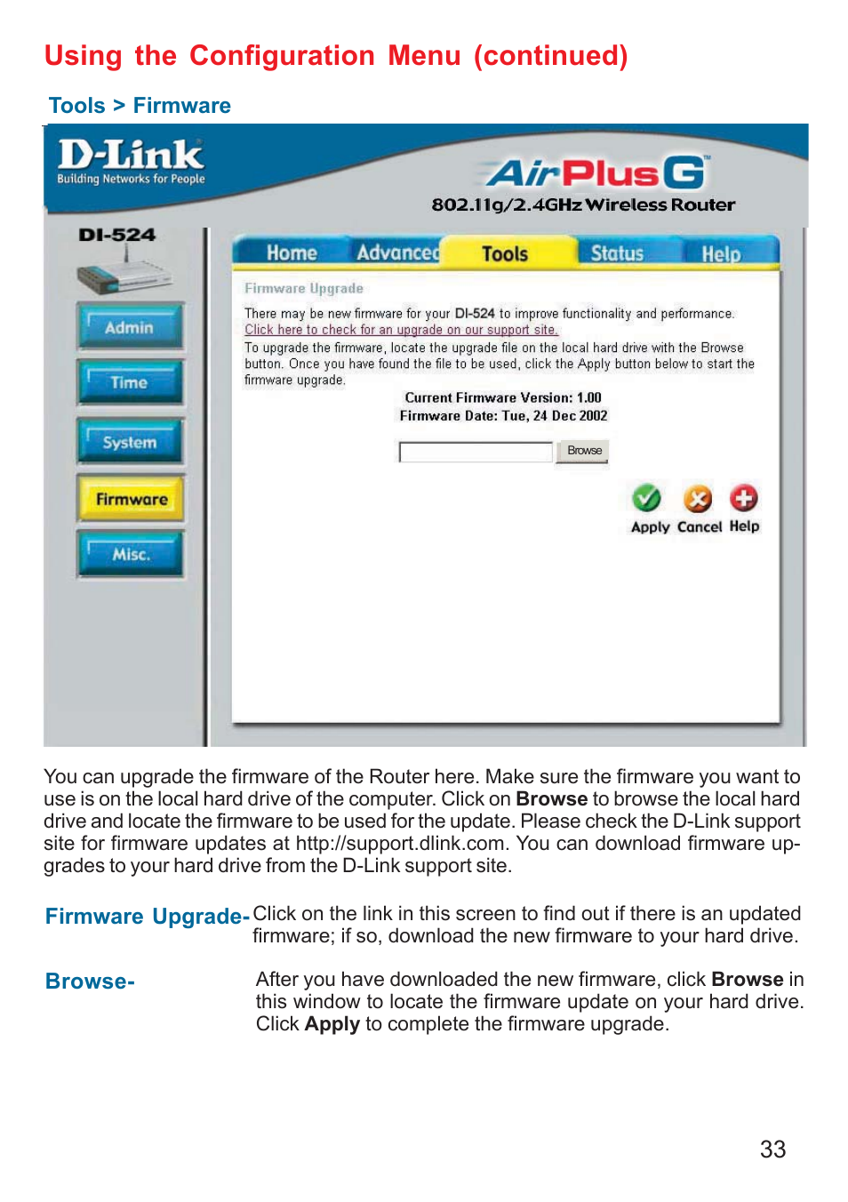 Using the configuration menu (continued) | D-Link DI-524 User Manual | Page 33 / 95