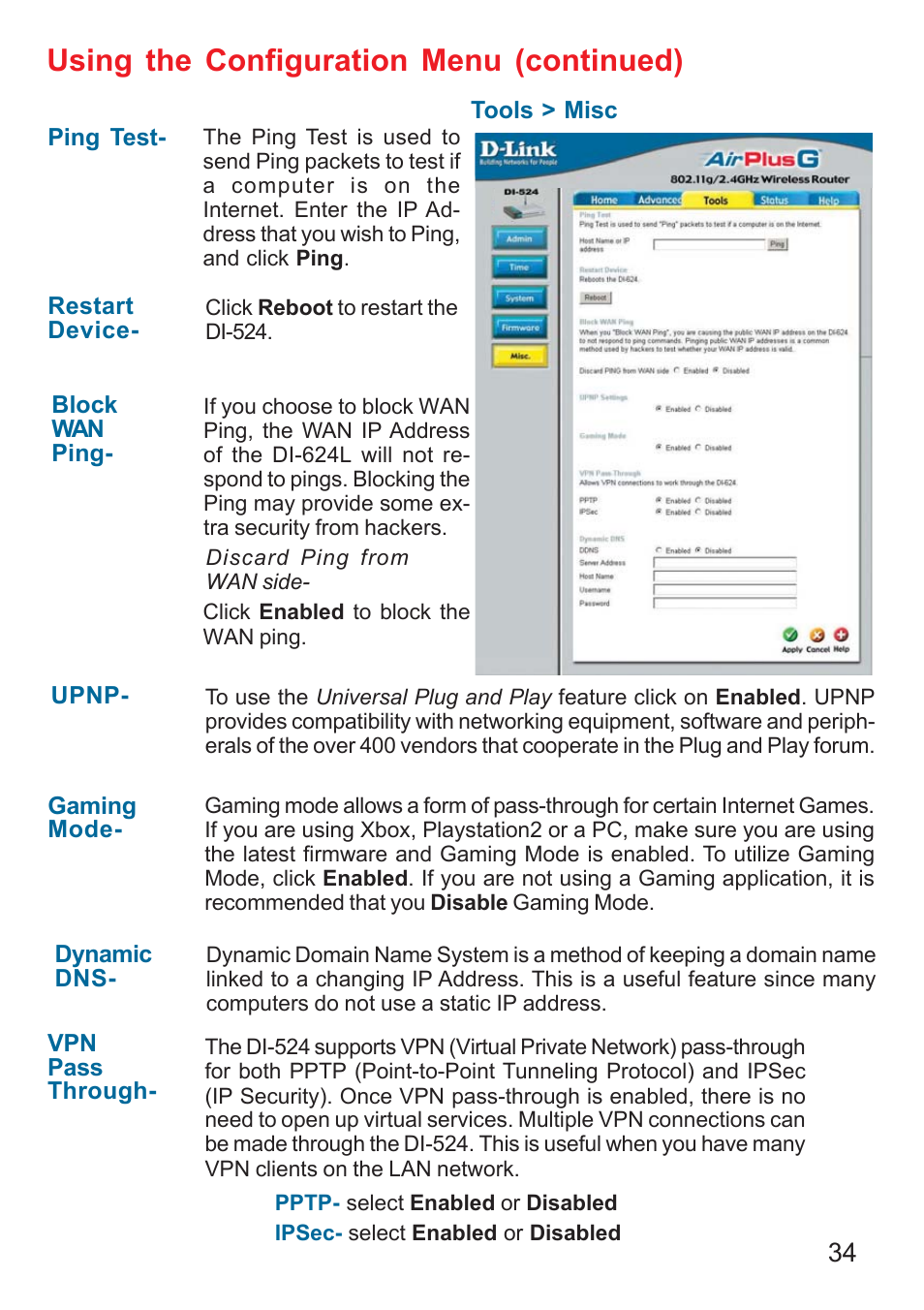 Using the configuration menu (continued) | D-Link DI-524 User Manual | Page 34 / 95