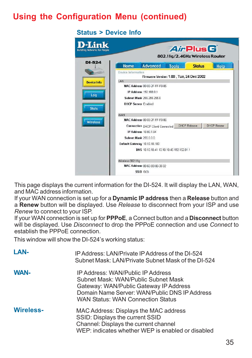 Using the configuration menu (continued) | D-Link DI-524 User Manual | Page 35 / 95