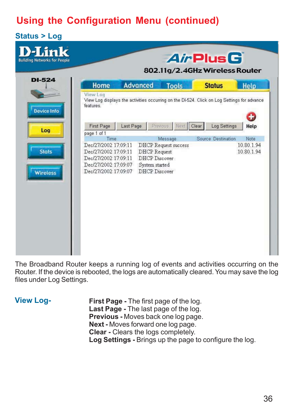 Using the configuration menu (continued) | D-Link DI-524 User Manual | Page 36 / 95