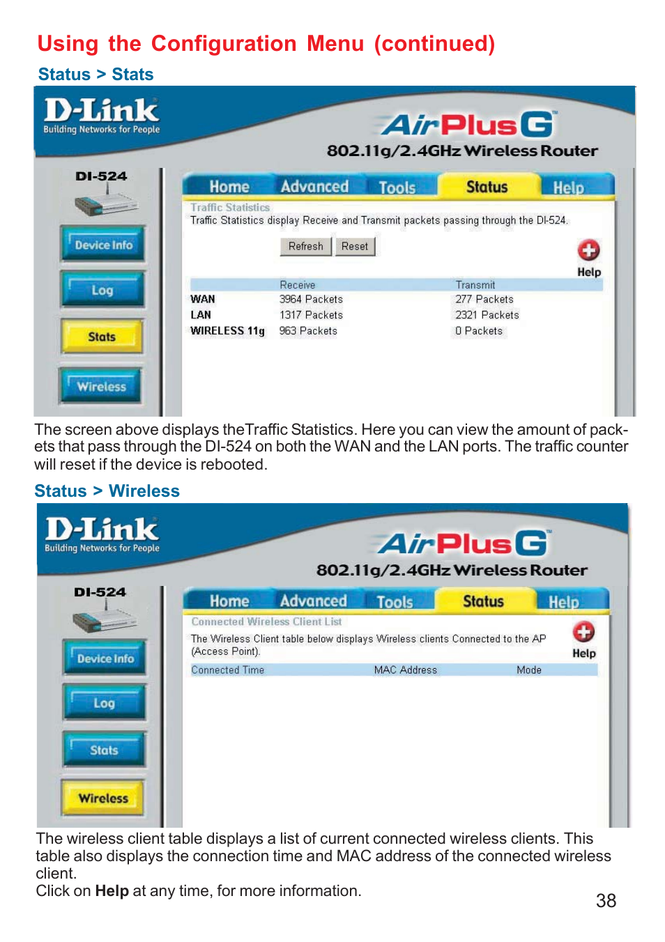 Using the configuration menu (continued) | D-Link DI-524 User Manual | Page 38 / 95