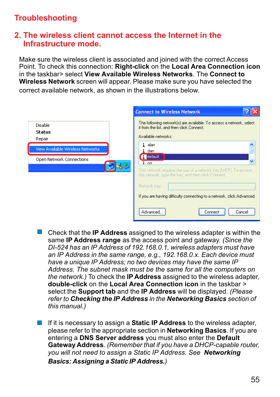 Troubleshooting | D-Link DI-524 User Manual | Page 55 / 95