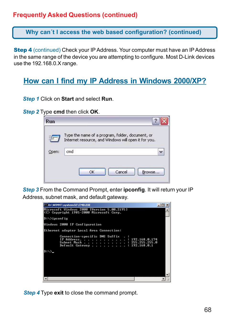 How can i find my ip address in windows 2000/xp, 68 frequently asked questions (continued) | D-Link DI-524 User Manual | Page 68 / 95