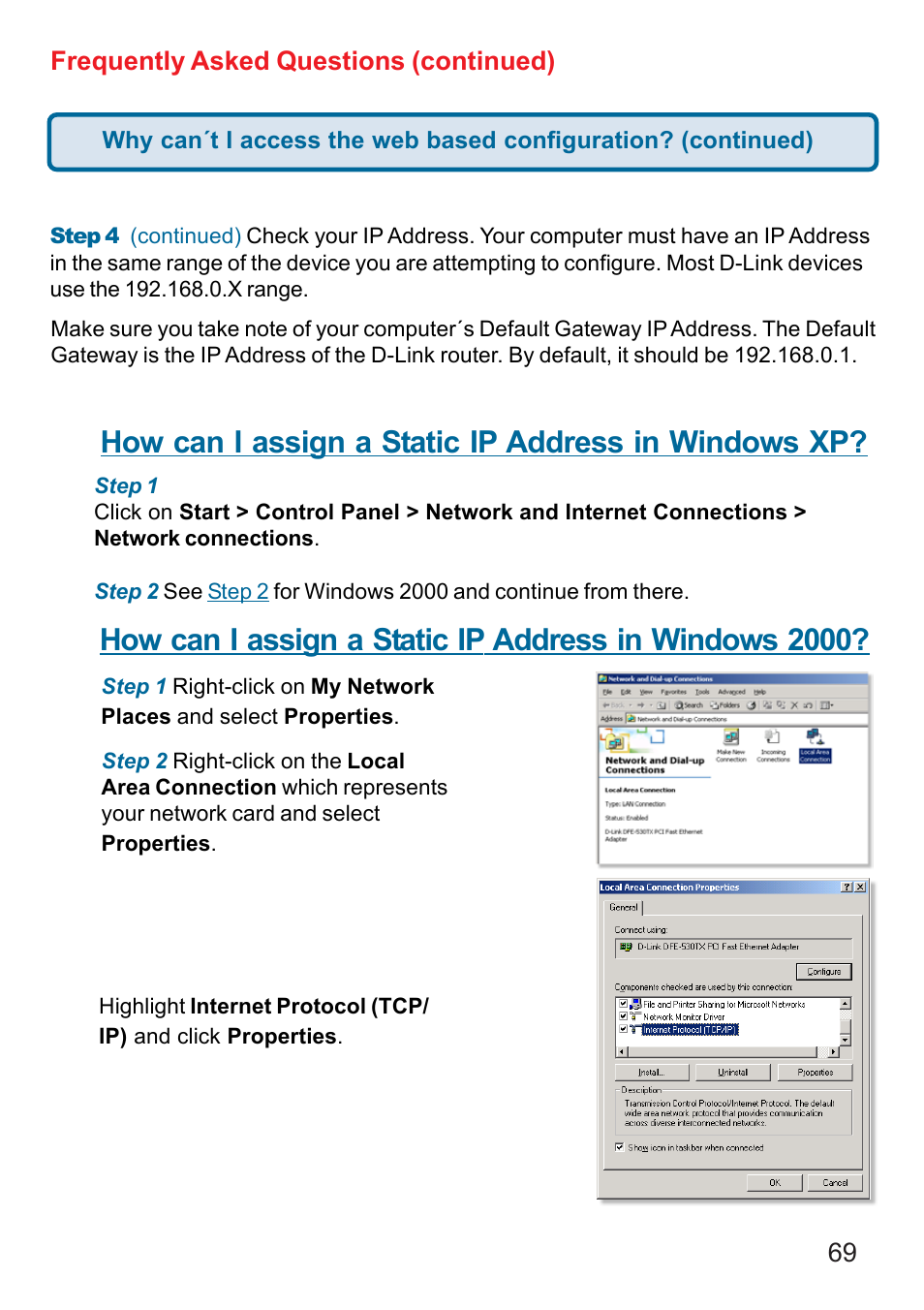 How can i assign a static ip address in windows xp, 69 frequently asked questions (continued) | D-Link DI-524 User Manual | Page 69 / 95