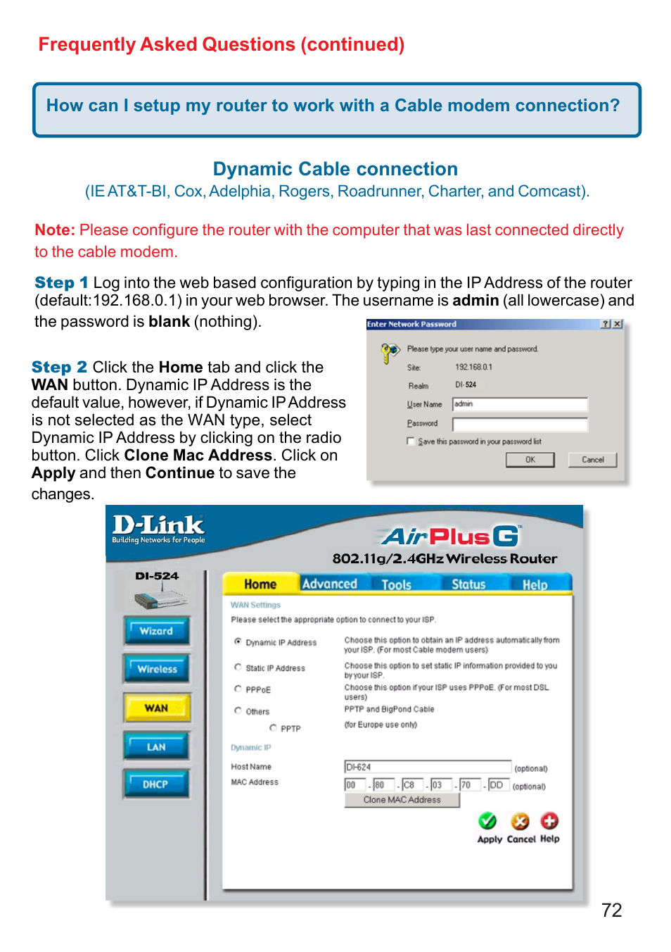 72 frequently asked questions (continued), Dynamic cable connection | D-Link DI-524 User Manual | Page 72 / 95