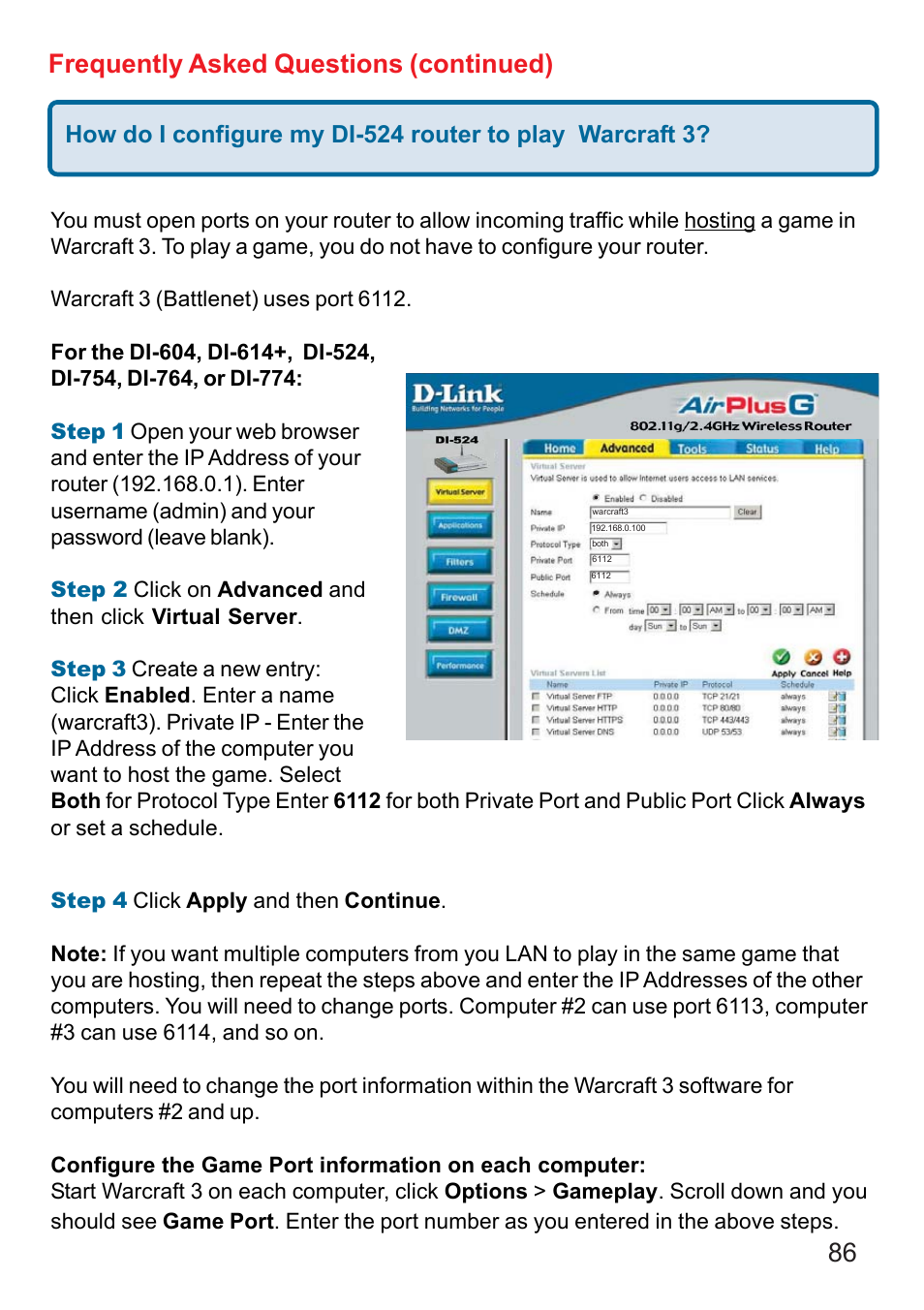 86 frequently asked questions (continued) | D-Link DI-524 User Manual | Page 86 / 95