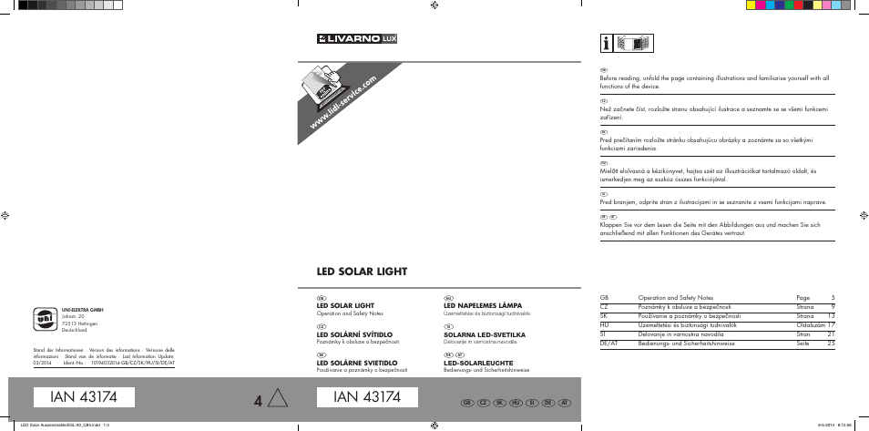 Cover esl-93 cb4-2, Led solar light | Livarno 10240 User Manual | Page 2 / 30