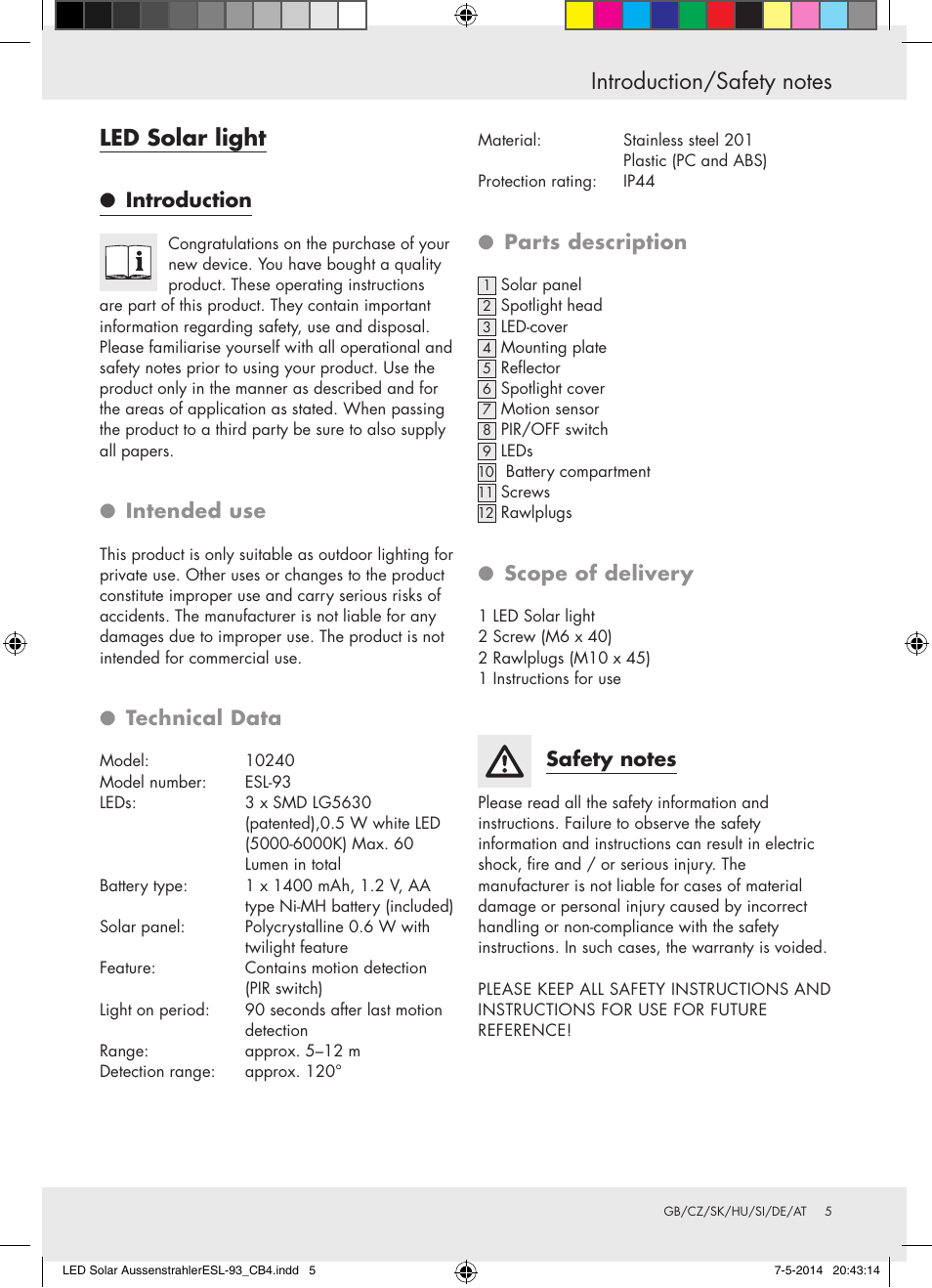 Content esl-93 cb4, Introduction, Intended use | Technical data, Parts description, Scope of delivery | Livarno 10240 User Manual | Page 4 / 30