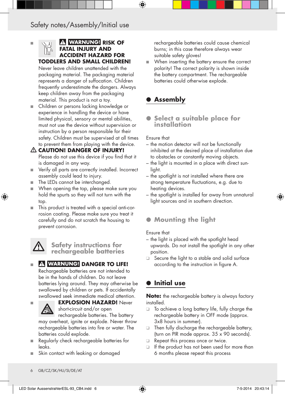 Safety instructions for rechargeable batteries, Mounting the light, Initial use | Livarno 10240 User Manual | Page 5 / 30