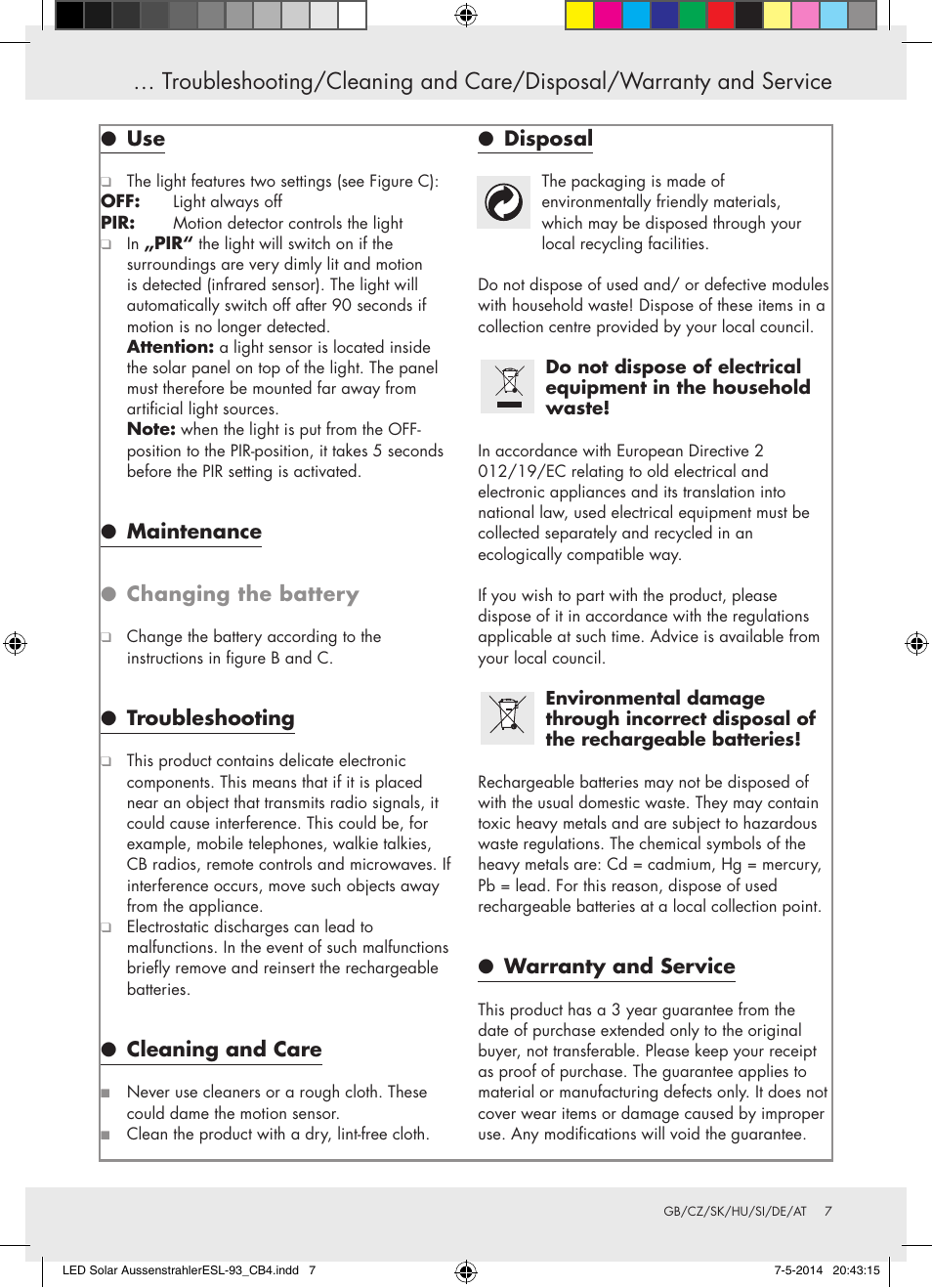 Maintenance ● changing the battery, Troubleshooting, Cleaning and care | Disposal, Warranty and service | Livarno 10240 User Manual | Page 6 / 30