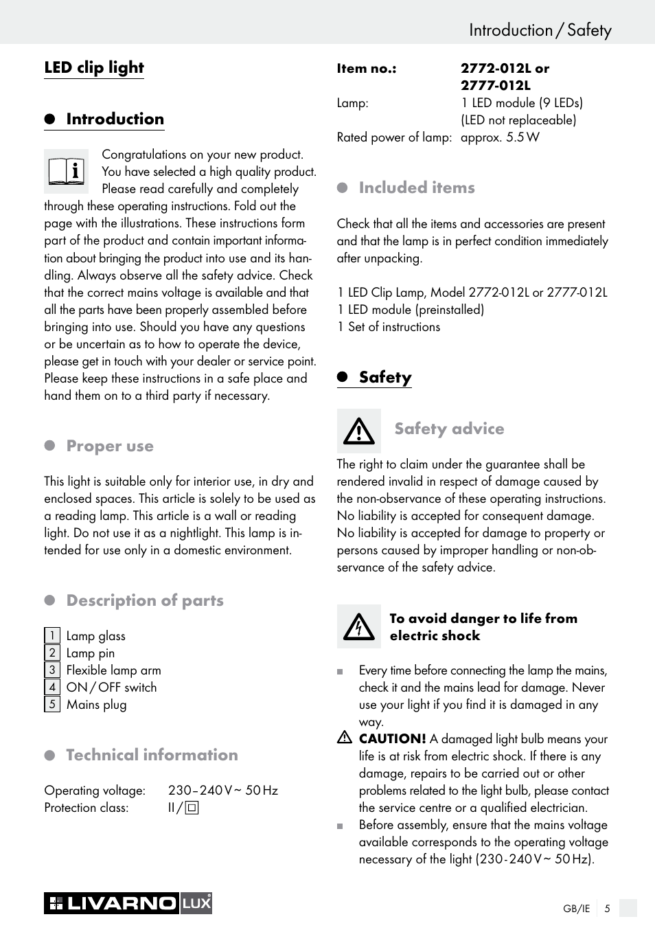 Introduction / safety, Led clip light, Introduction | Proper use, Description of parts, Technical information, Included items, Safety safety advice | Livarno 2772-012L or 2777-012L User Manual | Page 5 / 9