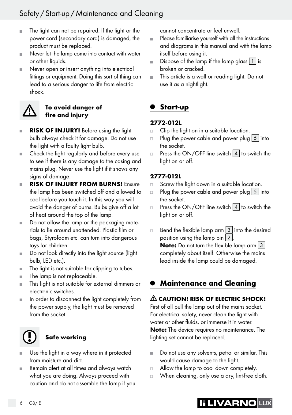 Start-up, Maintenance and cleaning | Livarno 2772-012L or 2777-012L User Manual | Page 6 / 9