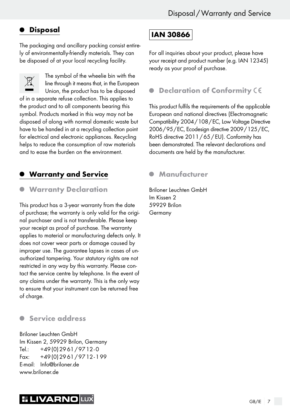 Disposal / warranty and service, Safety / start-up / maintenance and cleaning, Disposal | Warranty and service warranty declaration, Service address, Declaration of conformity, Manufacturer | Livarno 2772-012L or 2777-012L User Manual | Page 7 / 9