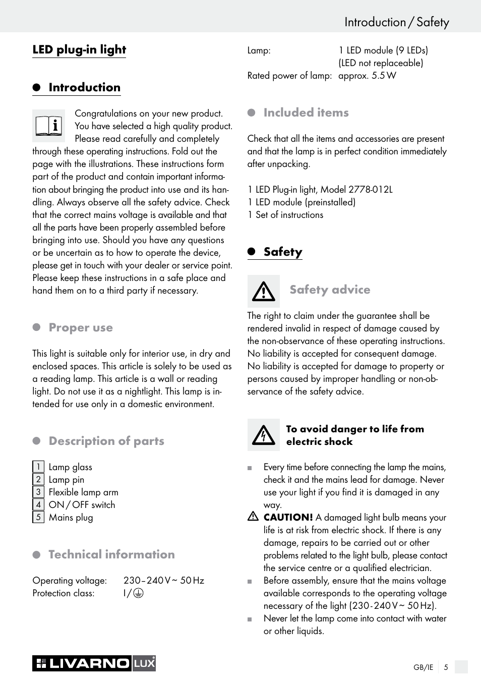 Introduction / safety, Led plug-in light, Introduction | Proper use, Description of parts, Technical information, Included items, Safety safety advice | Livarno 2778-012L User Manual | Page 5 / 9