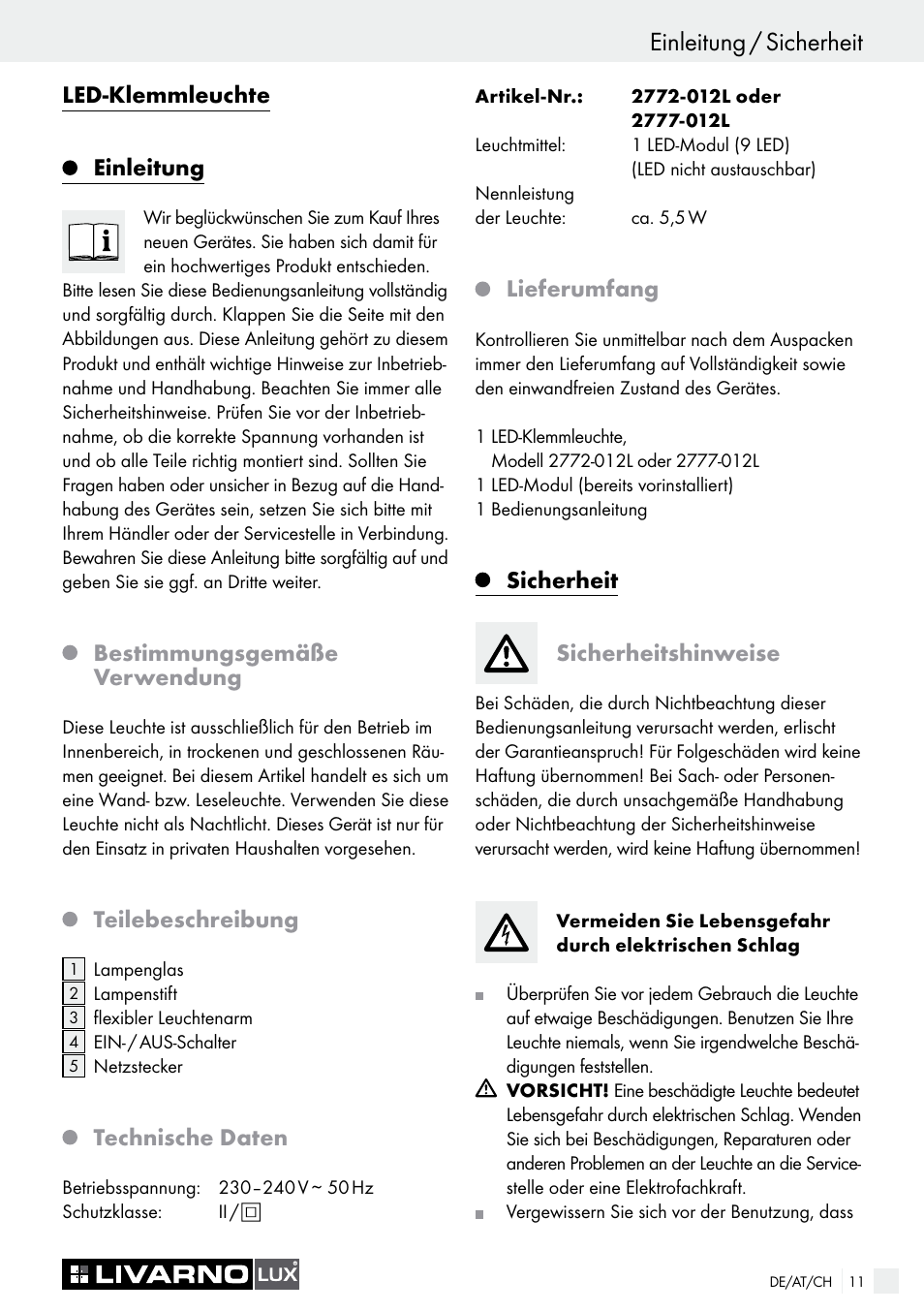 Led-klemmleuchte einleitung, Bestimmungsgemäße verwendung, Teilebeschreibung | Technische daten, Lieferumfang, Sicherheit sicherheitshinweise | Livarno 2772-012L or 2777-012L User Manual | Page 11 / 17