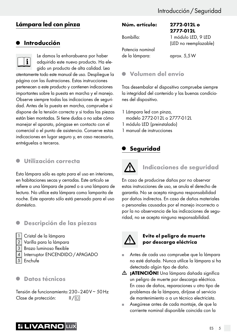 Introducción / seguridad, Lámpara led con pinza, Introducción | Utilización correcta, Descripción de las piezas, Datos técnicos, Volumen del envío, Seguridad indicaciones de seguridad | Livarno 2772-012L or 2777-012L User Manual | Page 5 / 17