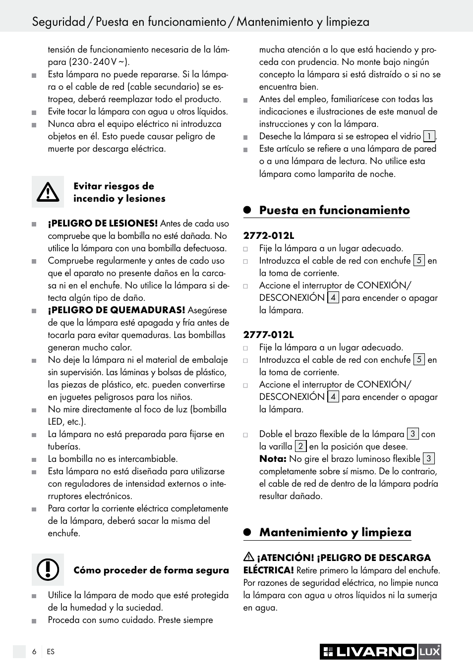 Puesta en funcionamiento, Mantenimiento y limpieza | Livarno 2772-012L or 2777-012L User Manual | Page 6 / 17