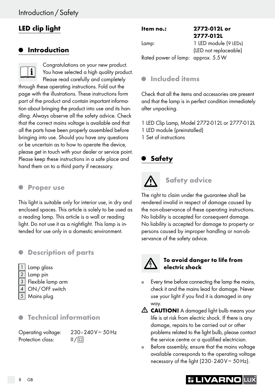 Led clip light, Introduction, Proper use | Description of parts, Technical information, Included items, Safety safety advice | Livarno 2772-012L or 2777-012L User Manual | Page 8 / 17