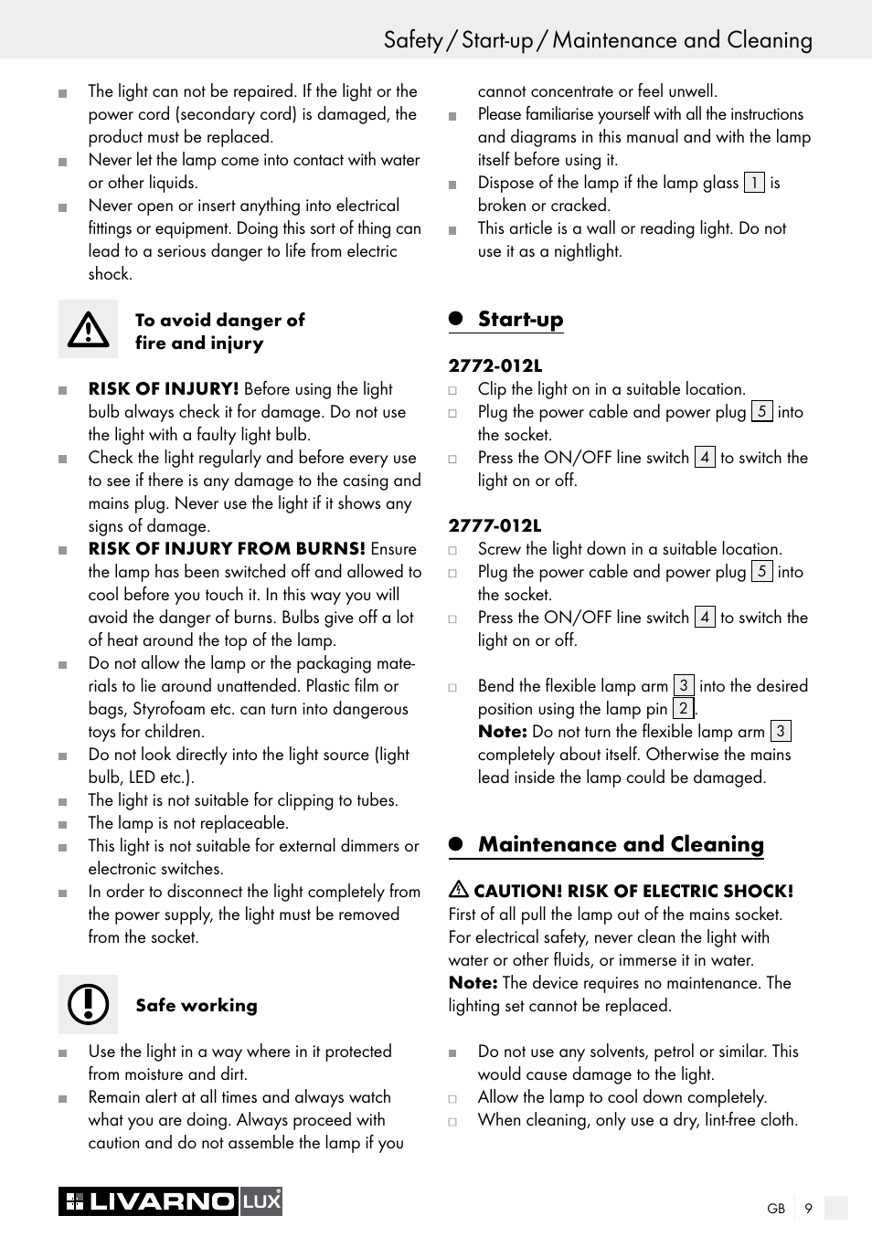 Safety / start-up / maintenance and cleaning, Introduction / safety, Start-up | Maintenance and cleaning | Livarno 2772-012L or 2777-012L User Manual | Page 9 / 17