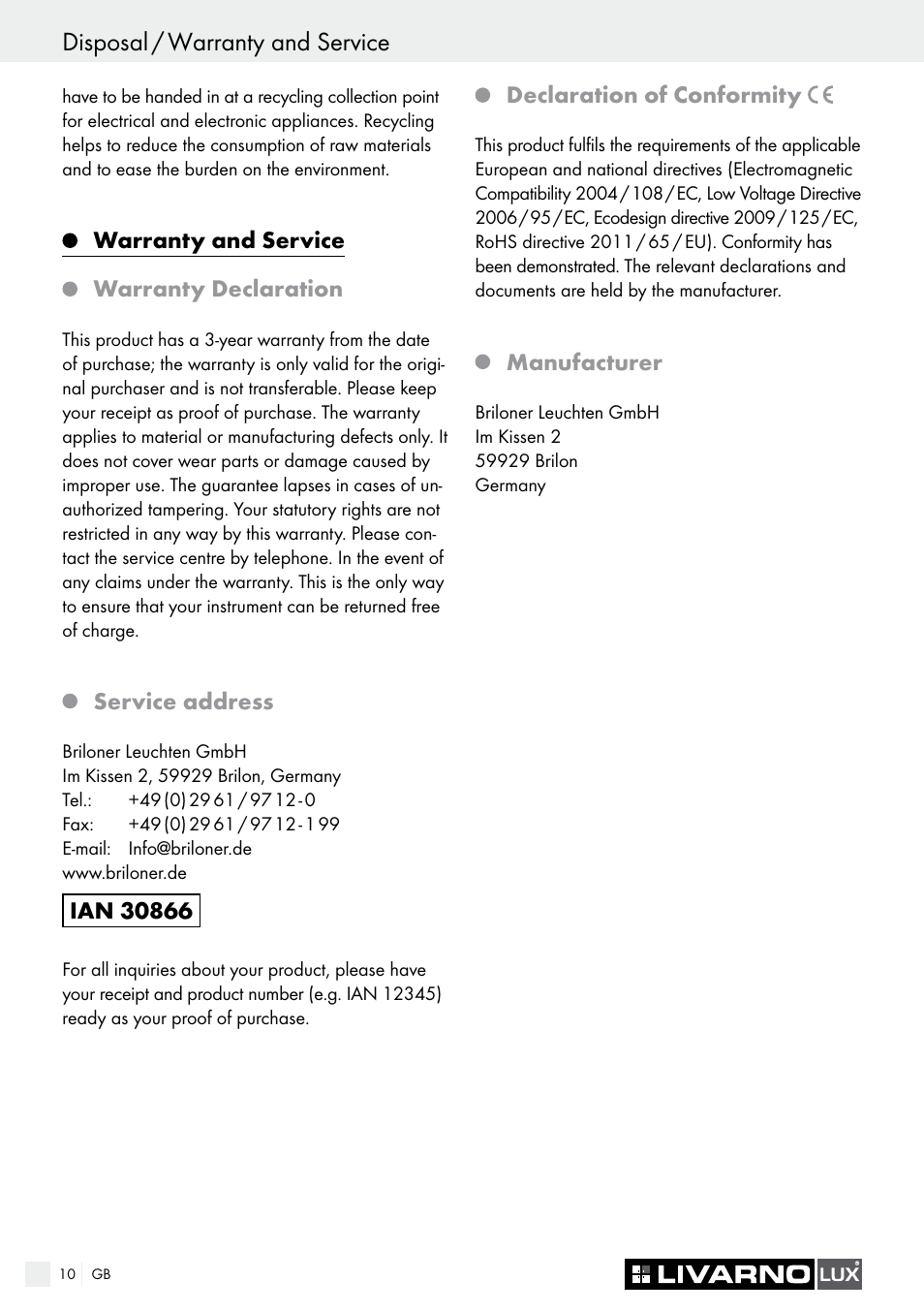 Disposal / warranty and service, Einleitung / sicherheit, Warranty and service warranty declaration | Service address, Declaration of conformity, Manufacturer | Livarno 2778-012L User Manual | Page 10 / 17