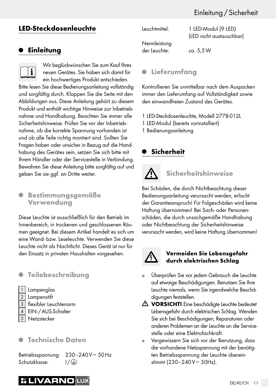 Led-steckdosenleuchte einleitung, Bestimmungsgemäße verwendung, Teilebeschreibung | Technische daten, Lieferumfang, Sicherheit sicherheitshinweise | Livarno 2778-012L User Manual | Page 11 / 17