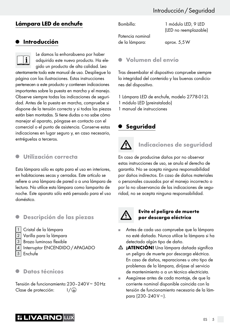 Introducción / seguridad, Lámpara led de enchufe, Introducción | Utilización correcta, Descripción de las piezas, Datos técnicos, Volumen del envío, Seguridad indicaciones de seguridad | Livarno 2778-012L User Manual | Page 5 / 17