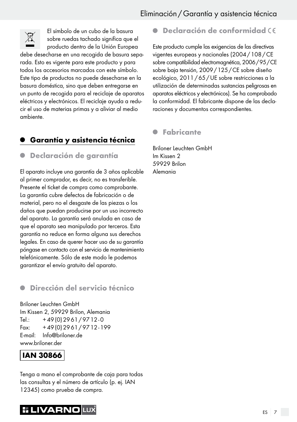 Eliminación / garantía y asistencia técnica | Livarno 2778-012L User Manual | Page 7 / 17