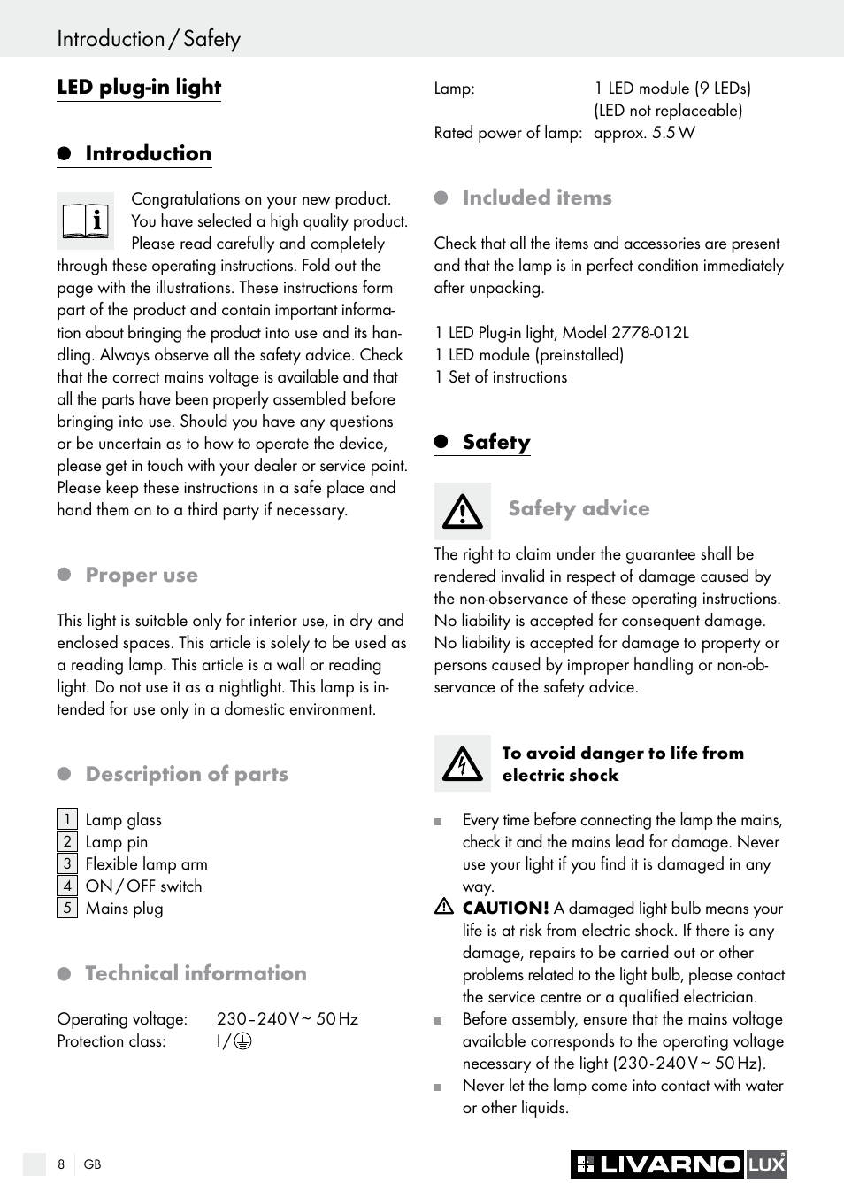 Led plug-in light, Introduction, Proper use | Description of parts, Technical information, Included items, Safety safety advice | Livarno 2778-012L User Manual | Page 8 / 17