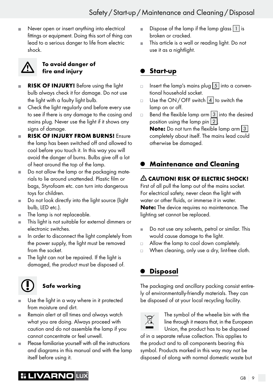 Introduction / safety, Start-up, Maintenance and cleaning | Disposal | Livarno 2778-012L User Manual | Page 9 / 17