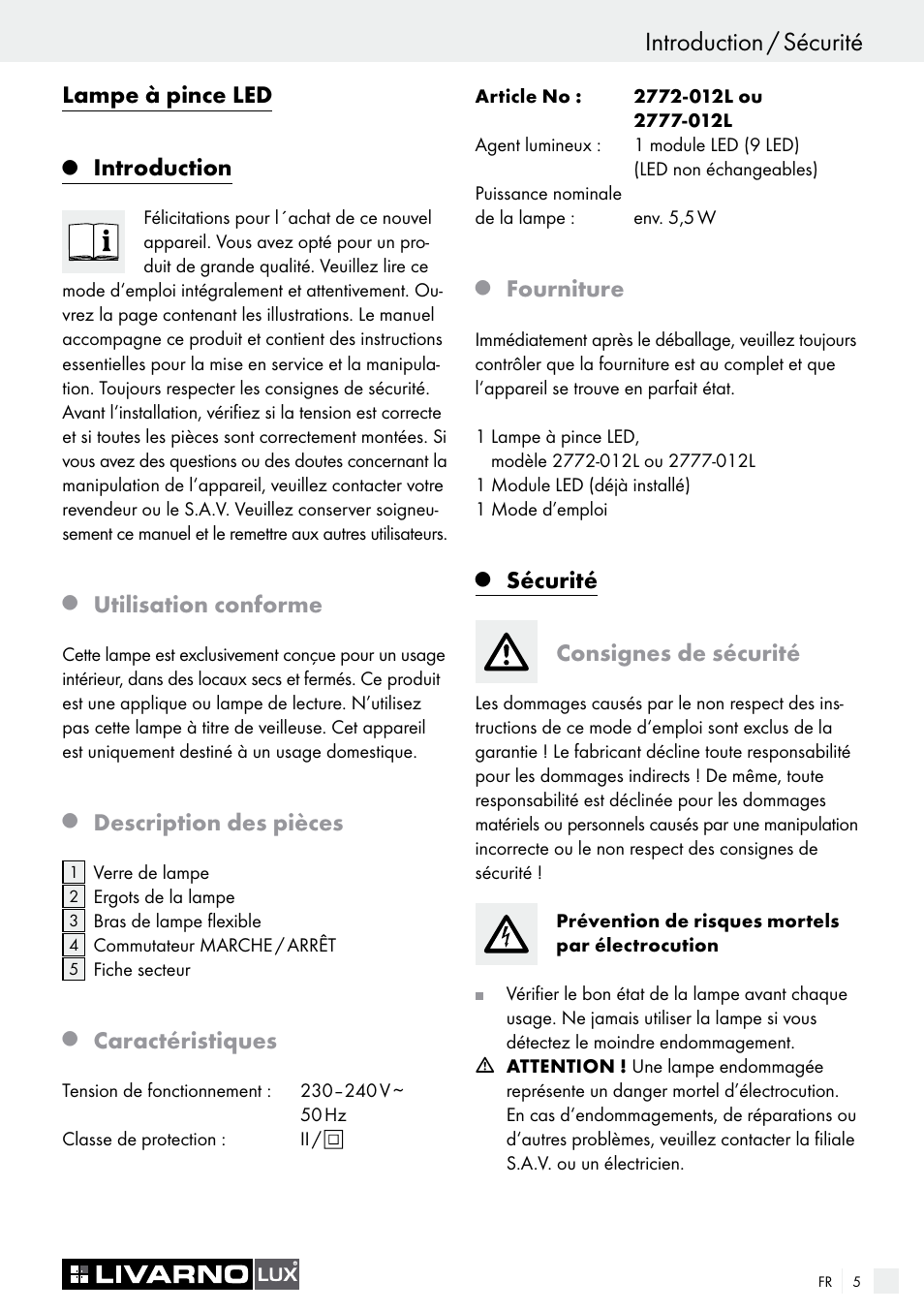 Introduction / sécurité, Lampe à pince led, Introduction | Utilisation conforme, Description des pièces, Caractéristiques, Fourniture, Sécurité, Consignes de sécurité | Livarno 2772-012L or 2777-012L User Manual | Page 5 / 17