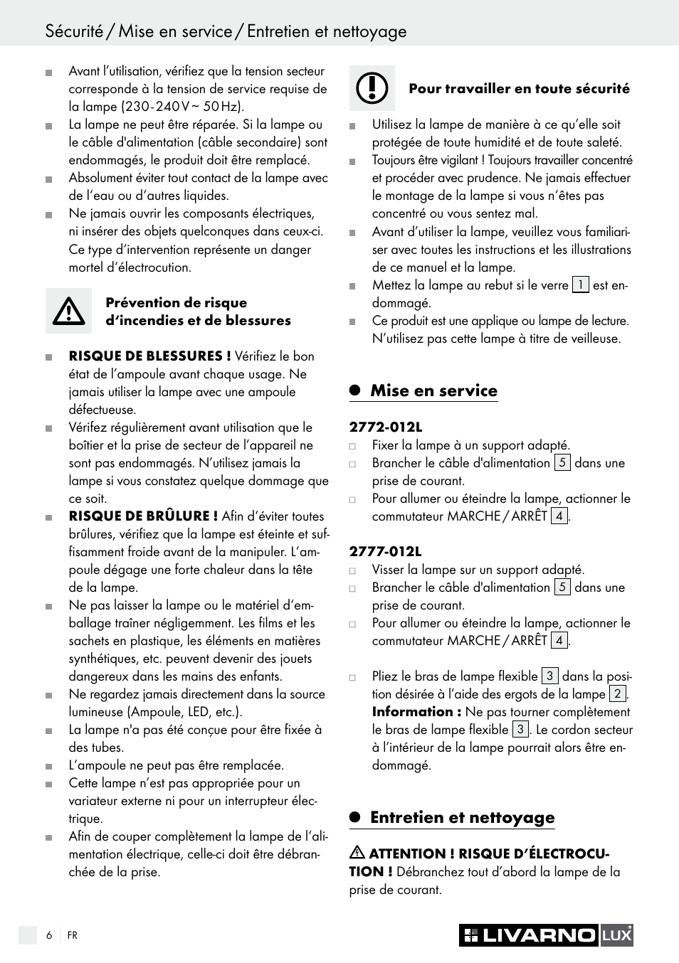 Mise en service, Entretien et nettoyage | Livarno 2772-012L or 2777-012L User Manual | Page 6 / 17