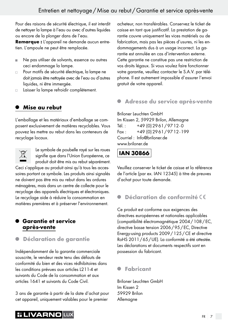 Mise au rebut, Adresse du service après-vente, Déclaration de conformité | Fabricant | Livarno 2772-012L or 2777-012L User Manual | Page 7 / 17