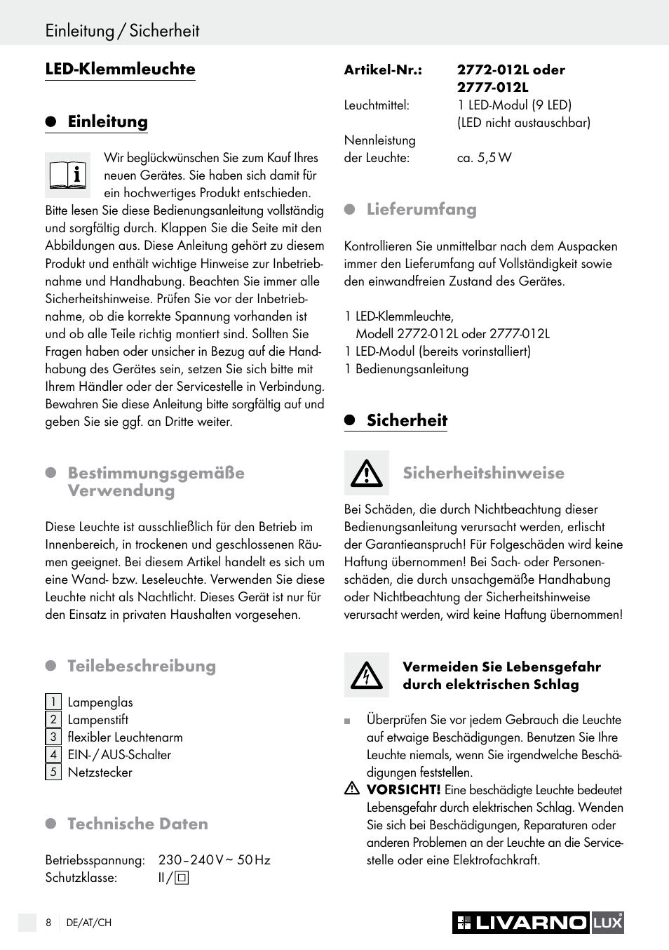 Einleitung / sicherheit, Sicherheit / inbetriebnahme, Led-klemmleuchte einleitung | Bestimmungsgemäße verwendung, Teilebeschreibung, Technische daten, Lieferumfang, Sicherheit sicherheitshinweise | Livarno 2772-012L or 2777-012L User Manual | Page 8 / 17