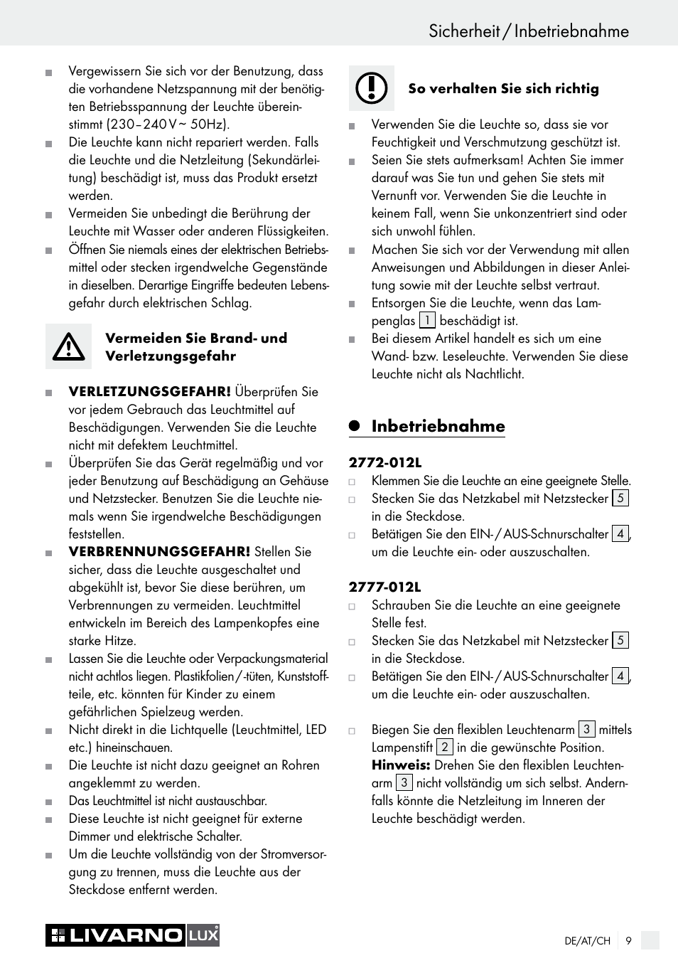 Inbetriebnahme | Livarno 2772-012L or 2777-012L User Manual | Page 9 / 17