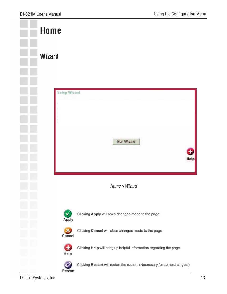 Home, Wizard | D-Link DI-624M User Manual | Page 13 / 104