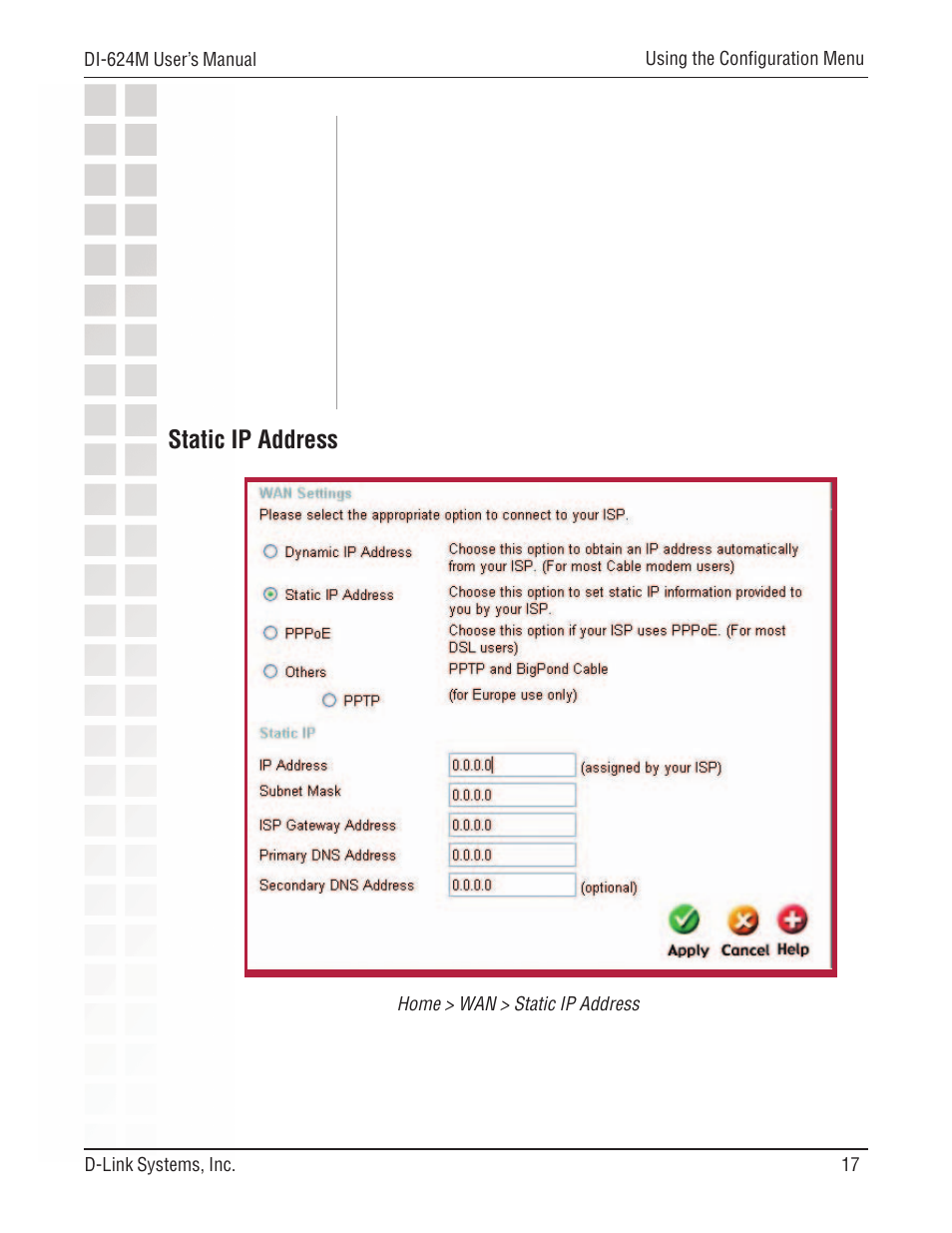 Static ip address | D-Link DI-624M User Manual | Page 17 / 104