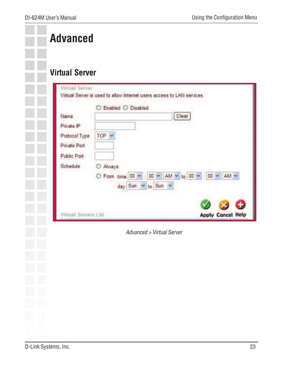 Advanced, Virtual server | D-Link DI-624M User Manual | Page 23 / 104