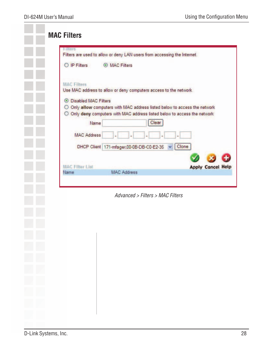 Mac filters | D-Link DI-624M User Manual | Page 28 / 104