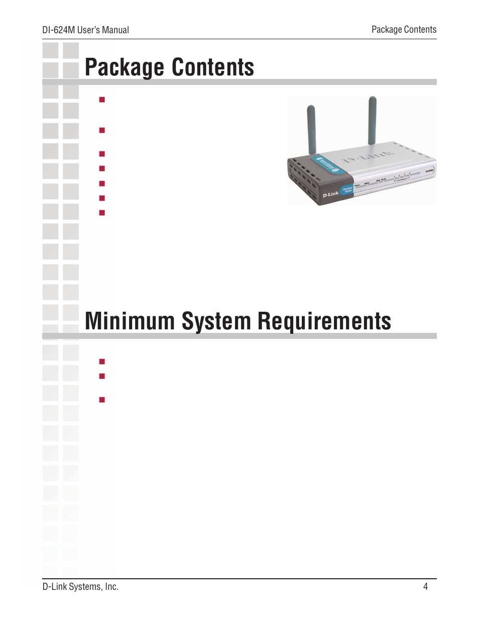 Package contents, Package contents minimum system requirements, Minimum system requirements | D-Link DI-624M User Manual | Page 4 / 104