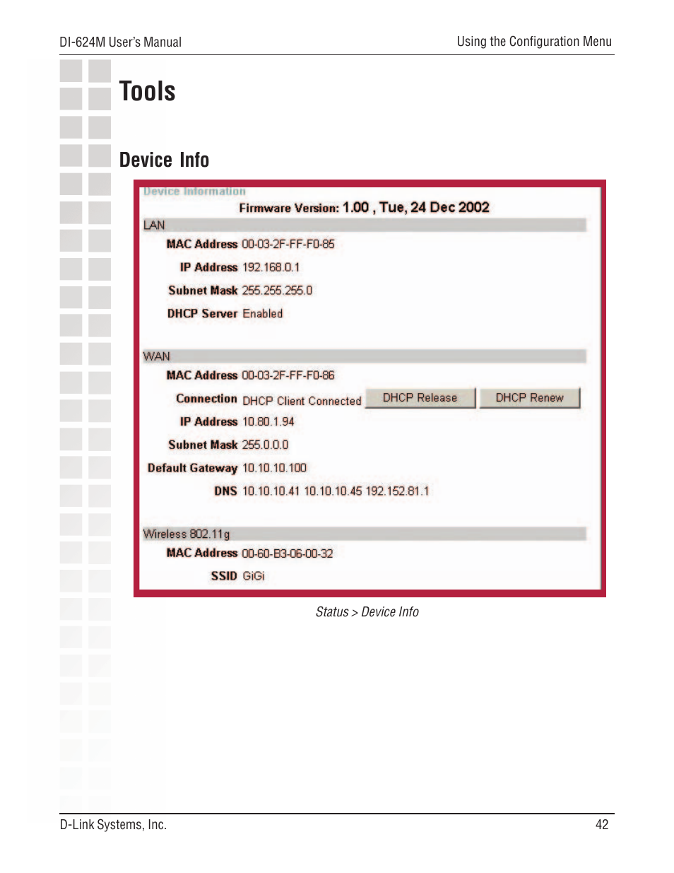 Tools, Device info | D-Link DI-624M User Manual | Page 42 / 104