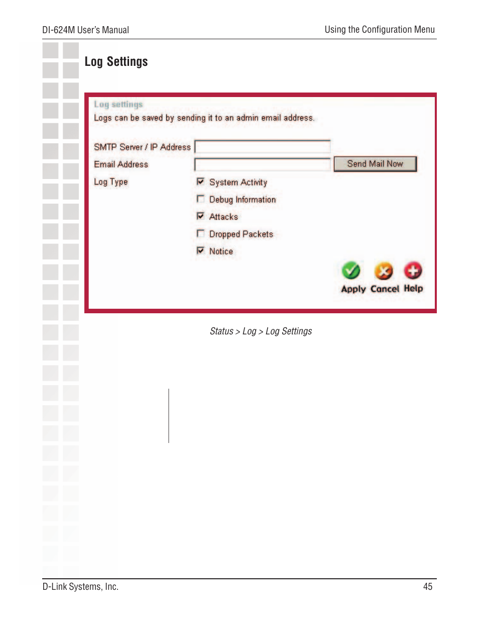 Log settings | D-Link DI-624M User Manual | Page 45 / 104